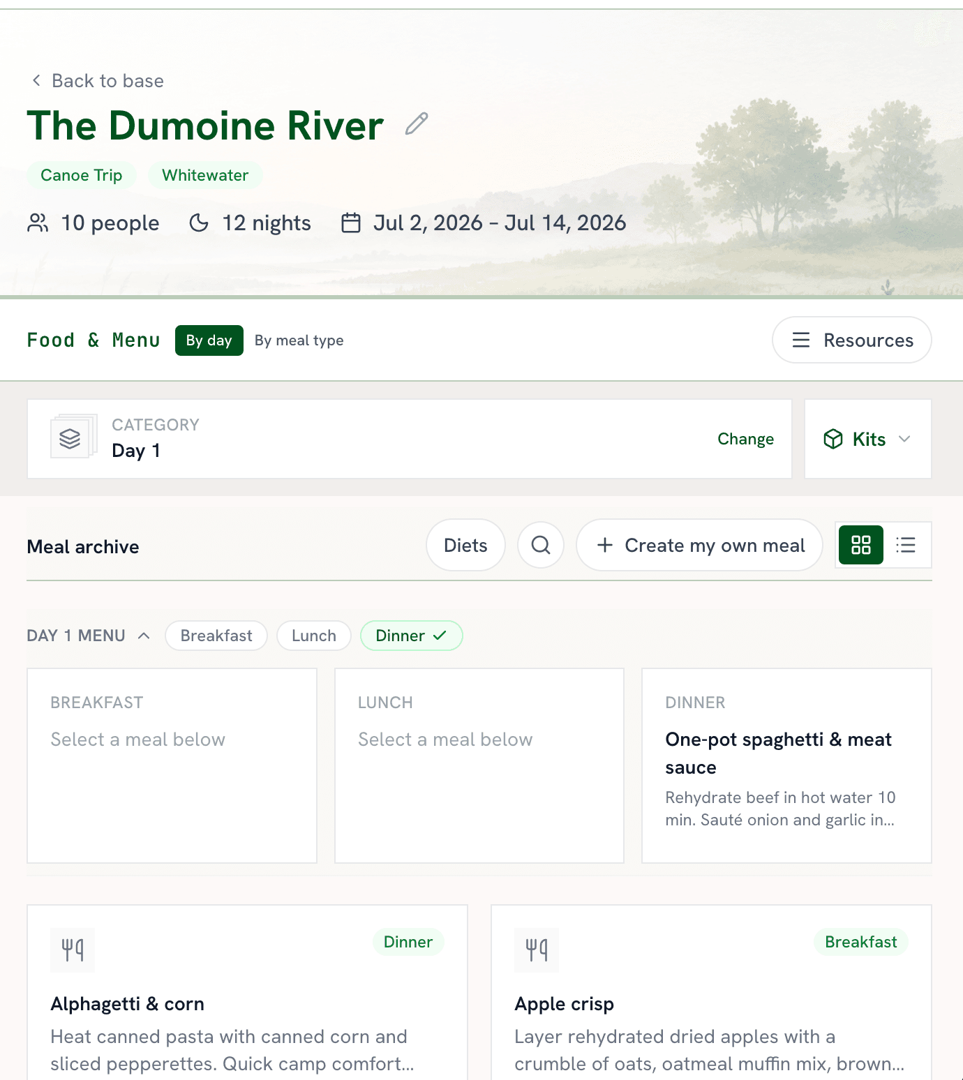 The Trip Centre food planner showing day-by-day meals with breakfast, lunch, and dinner slots