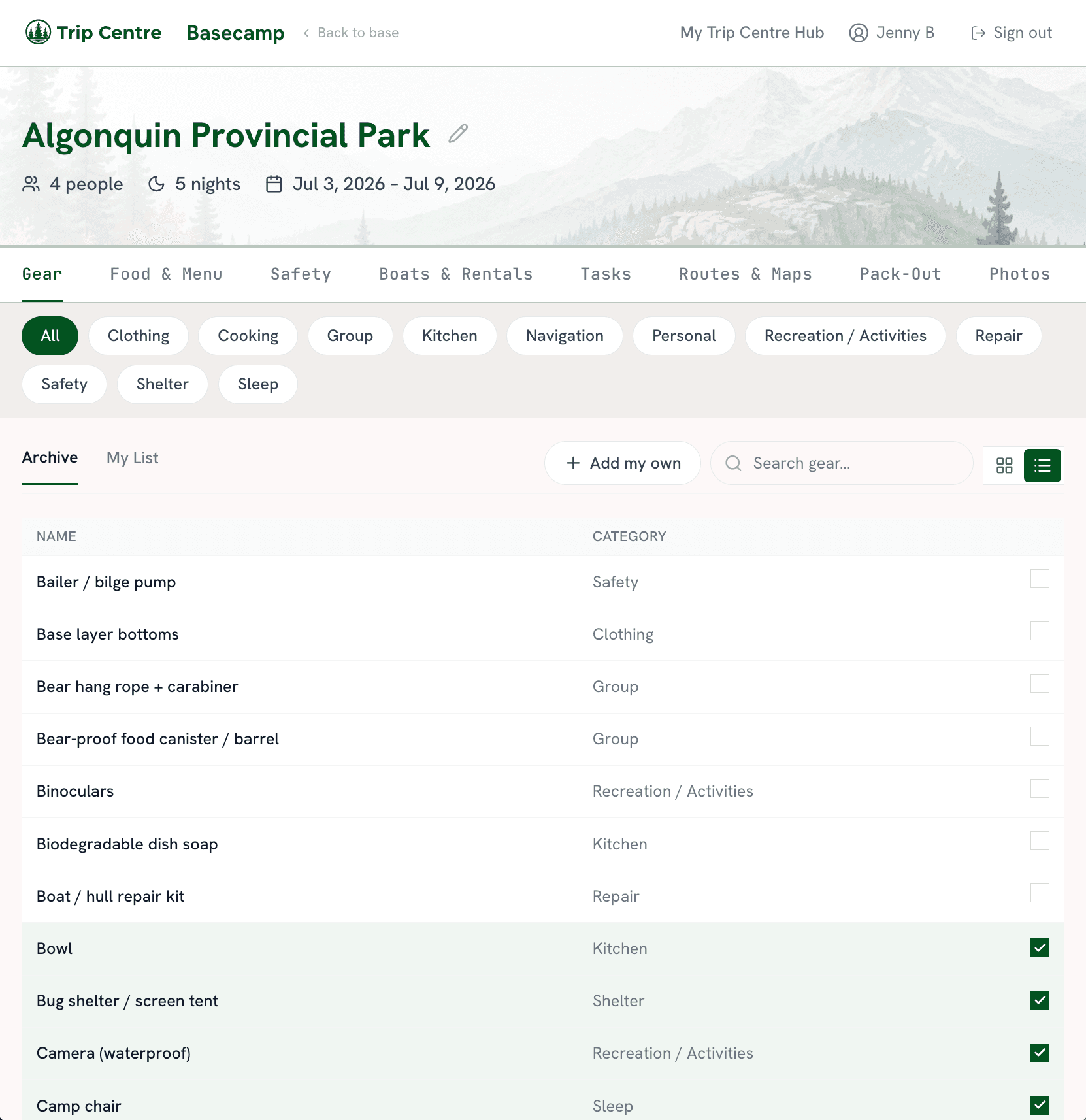 The Trip Centre gear list showing items by category in list view with checkboxes