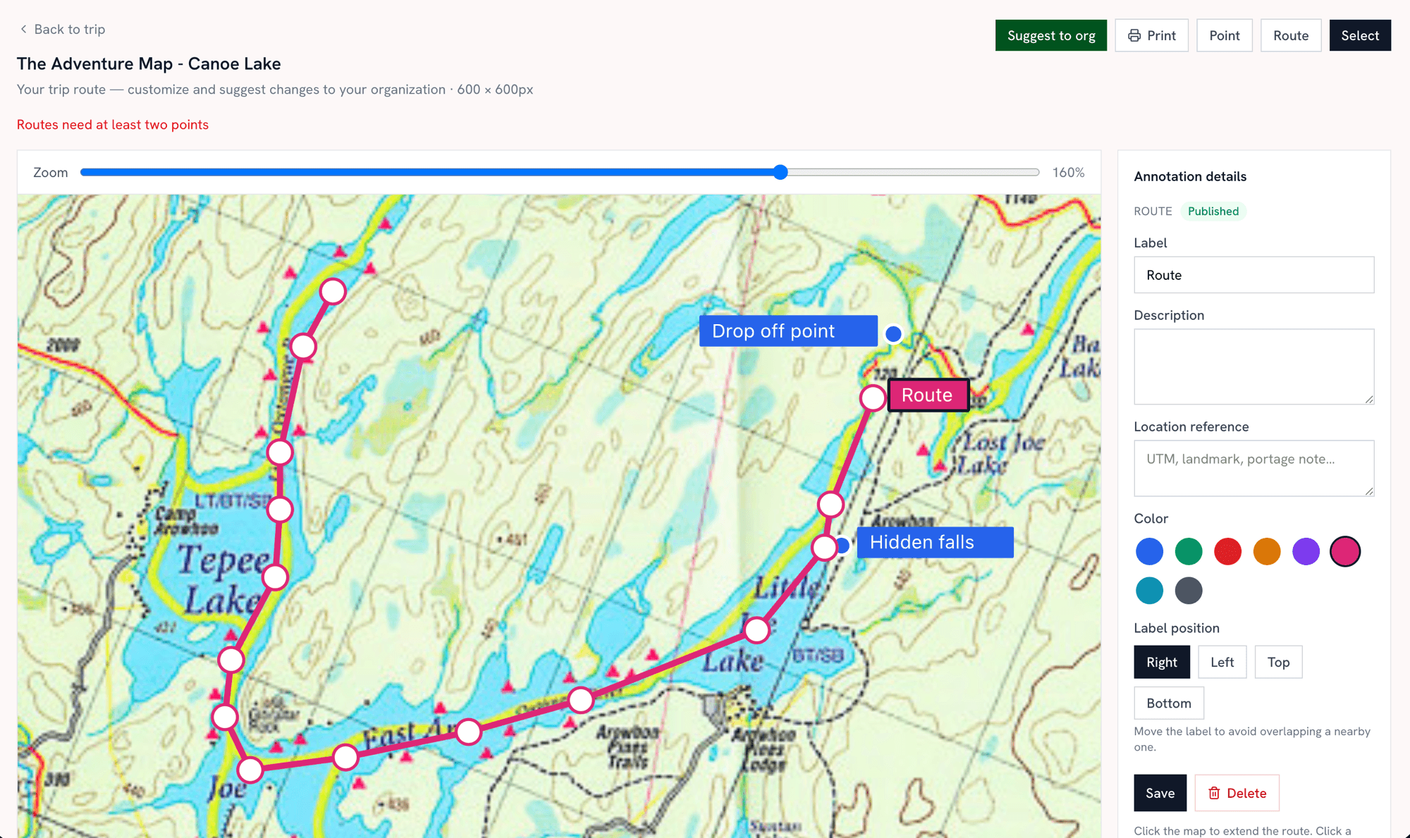 The Trip Centre route editor showing a topographic canoe map with a highlighted route, labelled waypoints, and the annotation sidebar