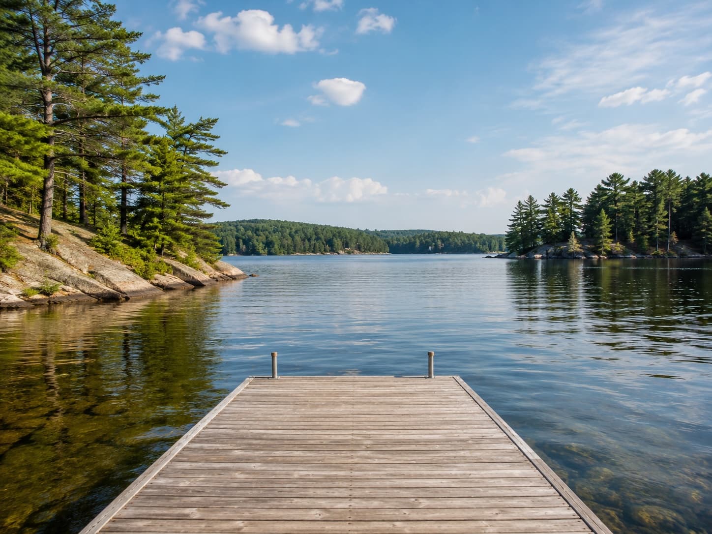 A wooden dock extending into a calm camp lake at sunrise